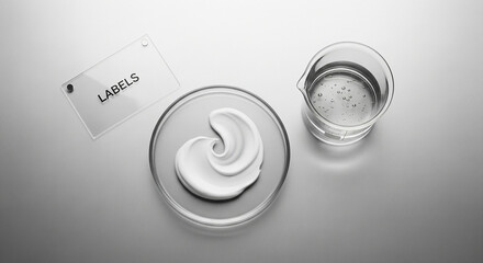 White cream in a petri dish with a beaker and 'LABELS' card in a scientific lab setting.