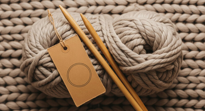 A ball of light grey chunky yarn with two wooden knitting needles and a blank tag resting on a knitted background.