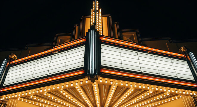A brightly lit vintage movie theater marquee at night, showcasing classic art deco architecture and numerous glowing bulbs.