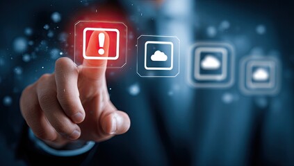 A hand touches a red exclamation point icon on a digital interface, surrounded by cloud icons