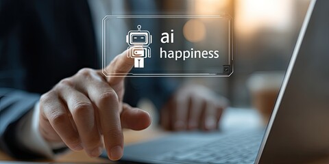 A person's finger touches a digital interface displaying "AI happiness" on a laptop