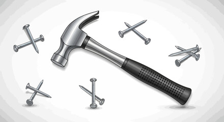 Illustration featuring hammer and arranged nails on a clean backdrop