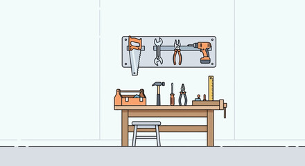 Illustration of a well-organized workbench with various tools hanging on the wall