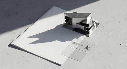 Architectural model of a modern house on design blueprints, casting a long shadow under bright sunlight.