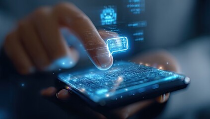 A person interacts with a smartphone, holographic chat bubble and data overlay