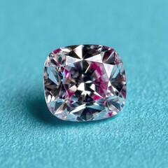 Fototapeta premium A detailed close up shot of a cushion cut diamond with pink internal reflections, set against a teal background.