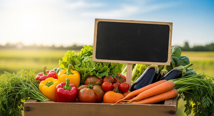 A wooden crate overflowing with a colorful assortment of fresh, organic vegetables, set against a sunny green field with a blank chalkboard sign