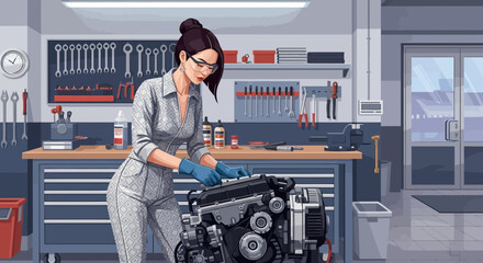 Skilled Mechanic in Workshop Repairing Engine, Detailed Illustration