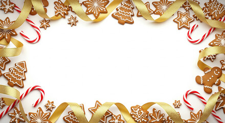 A festive Christmas frame with gingerbread cookies, gold ribbons, and candy canes on a white background, perfect for holiday greetings.