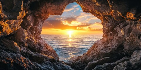 Heart Shaped cave opening with sunset glow overlook. 