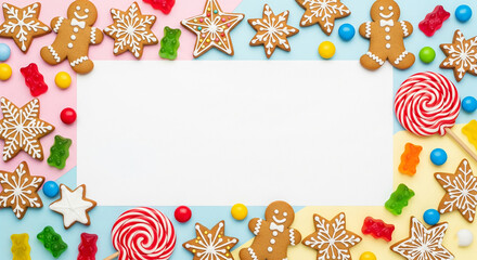 Festive frame of gingerbread cookies, lollipops, gummy bears, and colorful candies on a pastel background with copy space.