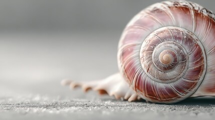 Detailed view of a spiral seashell resting on a gray textured surface. Soft lighting enhances the shell's colors and texture.