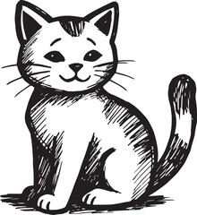 Cat Doodle Black and White Illustration Vector Image Cute Kitten Sketch Line Art Drawing Silhouette
