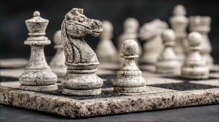 Close up view of aged white chess pieces arranged on a stone chessboard. The pieces show signs of wear and texture, with a dark background.