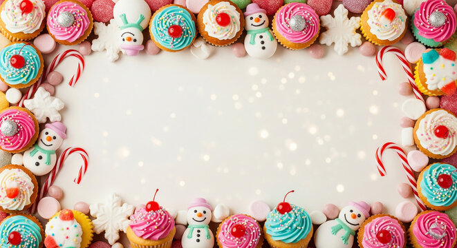 A festive border of colorful cupcakes, donuts, marshmallows, candy canes, and snowman figures on a white background with sparkling lights, creating a sweet frame.