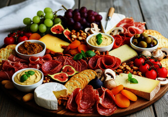 Fototapeta premium Abundant Charcuterie Board with Meats Cheeses Fruits and Nuts cheese board antipasto
