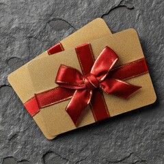 Two gift cards, light beige, tied with a red ribbon bow