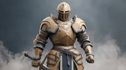 Fototapeta premium Majestic golden armored knight stands confidently with a sword, showcasing strength and valor against a dramatic misty background in a fantasy setting