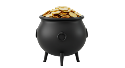 A black cauldron filled with gold coins against a solid gray background