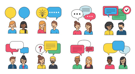 Diverse people interacting with speech bubbles, indicating communication and connection
