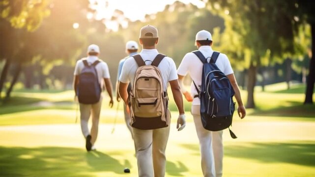 Golfers Walking on Green Course with Bags in the Sunshine Leisure Time Concept.