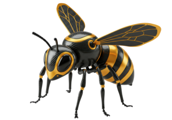 Isolated Robotic Bee, a Carbon Fiber Honeybee Illustration with Yellow Stripes and Wings