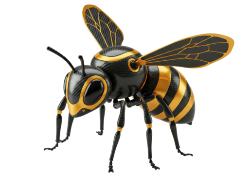 Isolated Robotic Bee, a Carbon Fiber Honeybee Illustration with Yellow Stripes and Wings