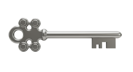 A silver key with ornate details and a decorative design set against a solid black