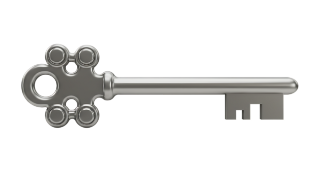 A silver key with ornate details and a decorative design set against a solid black