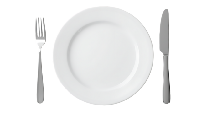 Title A white plate fork and knife set against a black background
