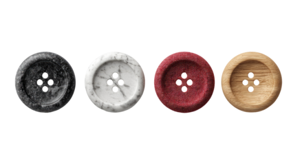 Four circular buttons in different colors and textures, arranged horizontally against a black background.  