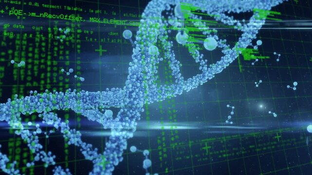 Animation of data processing over 3d dna strand spinning
