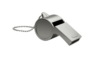 A 3D rendering of a silver whistle with a ball chain attached set against a