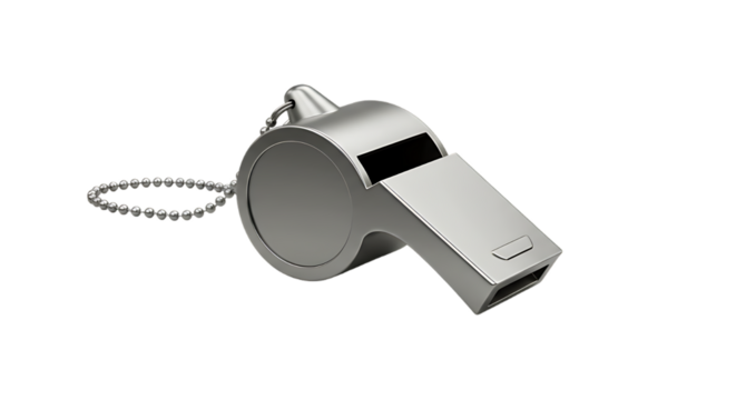 A 3D rendering of a silver whistle with a ball chain attached set against a