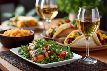 Grilled fish salad with tacos and white wine on restaurant table