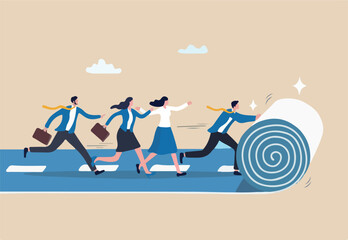 Leadership to lead team career path, business strategy development, effort or ambition to progress work success, motivation achievement, businessman rolling career path for team colleague to follow