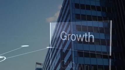 Animation of network of connections and growth text over cityscape - Powered by Adobe