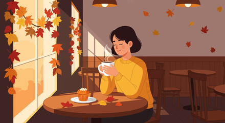 A cozy scene of a woman enjoying a warm drink by a window with autumn leaves falling