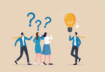 Question answer, advice or suggestion, solving problem with solution, q and a or faq, quiz or solution discovery, information guidance concept, businessman offer solution for people question marks