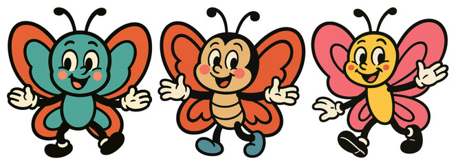 Fototapeta premium PNG Colorful cartoon butterfly characters, element set on transparent background