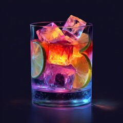 Vibrant cocktail with ice and citrus slices illuminated by colorful lights