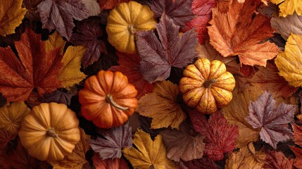 Fototapeta premium Autumn background for Halloween and Thanksgiving: lots of maple leaves and colorful pumpkins