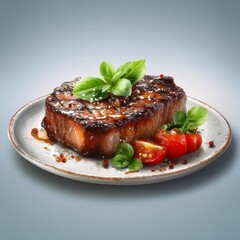 Juicy grilled steak topped with fresh basil and cherry tomatoes on a plate