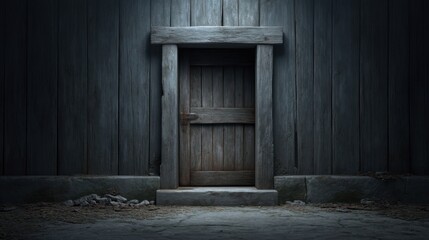 Rustic wooden door in dark wooden wall, rustic charm with stones, inviting entrance, mysterious passageway, outdoor setting, nature-inspired architecture