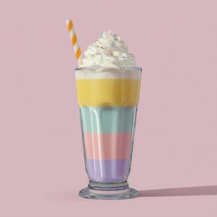 Colorful layered milkshake with whipped cream and straw on pink background