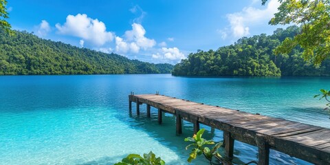 Obraz premium Long wooden dock stretching over tranquil turquoise.