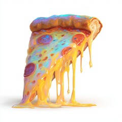 A slice of pizza with vibrant melted cheese dripping down