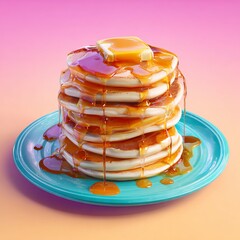 Delicious stack of pancakes topped with butter and syrup on a blue plate