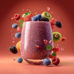 Vibrant berry smoothie in a glass surrounded by fresh flying fruits and splashes