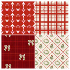Fototapeta na wymiar Cozy Christmas pattern set with stars, bows, plaids, and festive wreaths. Seamless vector design perfect for wrapping paper, greeting cards, fabrics, or winter decor projects.